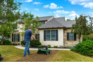 An employee aerating a residential lawn in Parkesburg, PA